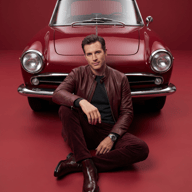Man with Burgundy Vintage Car AI Photo Editing Prompt. AI generated studio portrait of a stylish man in a burgundy leather jacket sitting in front of a matching classic vintage car.