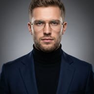 AI generated studio portrait of a man wearing wire-rimmed glasses, a black turtleneck, and a dark blue blazer.