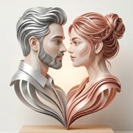AI generated 3D papercut art of a man and woman in profile forming a heart shape on a wooden base.