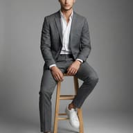 Male model in a tailored grey suit and white sneakers sits on a wooden stool. Minimalist studio photography with a clean grey backdrop and soft, professional lighting.