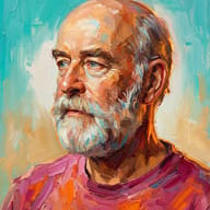 Vibrant impasto portrait of a bearded man. Thick, bold brushstrokes in warm skin tones and a pink shirt contrast with a textured turquoise background.