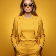 Woman in Monochrome Yellow Suit AI Photo Editing Prompt. AI generated studio portrait of a woman wearing a monochrome yellow suit and sunglasses posing with hands in her pockets against a solid yellow background.