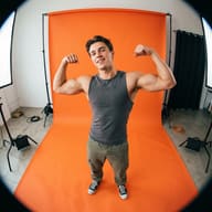 Muscular Man Flexing Fisheye Portrait Prompt. AI-generated studio portrait of a muscular man in a grey tank top and cargo pants flexing his biceps against a bright orange backdrop with a fisheye lens effect.