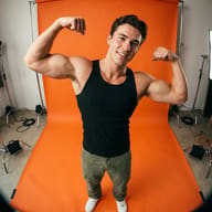 Fitness Photography AI Photo Editing Prompt. AI generated fisheye studio portrait of a smiling muscular man in a black tank top and olive cargo pants flexing his biceps on an orange backdrop.