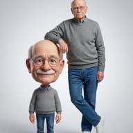 Elderly Man with Miniature 3D Avatar AI Photo Editing Prompt. AI generated digital illustration of an elderly man leaning on a large-headed 3D caricature of himself, both wearing matching grey sweaters and blue jeans.