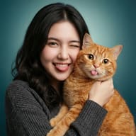 Woman and Ginger Cat Winking AI Photo Editing Prompt. AI generated studio portrait of a young woman in a grey sweater holding an orange tabby cat with both sticking their tongues out.