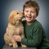 Boy and Golden Retriever Puppy AI Photo Editing Prompt. AI generated studio portrait of a laughing boy in a green sweater as a golden retriever puppy licks his cheek.
