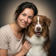 Woman and Australian Shepherd Portrait AI Photo Editing Prompt. AI generated studio portrait of a smiling woman leaning her head against a fluffy brown and white dog.