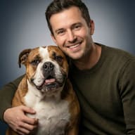 Man and Bulldog in Olive Sweater AI Photo Editing Prompt. AI generated studio portrait of a smiling man in a dark green ribbed sweater posing closely with a brown and white English Bulldog.