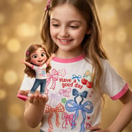 Girl Holding Miniature 3D Avatar AI Photo Editing Prompt. AI generated digital illustration of a smiling young girl looking at a miniature 3D cartoon version of herself standing on her palm against a golden bokeh background.