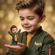 Boy Holding Miniature 3D Avatar AI Photo Editing Prompt. AI generated digital illustration of a young boy in an olive green bomber jacket holding a cheerful, tiny 3D miniature version of himself on his open palm.