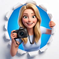AI generated 3D character illustration of a smiling blonde woman peeking through torn white paper while holding a professional DSLR camera against a blue background.