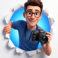Photographer Breaking Through Paper Pixar Style Prompt. AI generated 3D illustration of a smiling man with glasses holding a camera, bursting through torn white paper.
