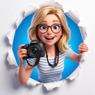 Photographer Girl Bursting Through Paper AI Photo Editing Prompt. AI generated 3D character illustration of a smiling blonde woman with glasses holding a Canon camera while bursting through a hole in white paper.