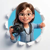 Pixar Style Girl Photographer Bursting Through Paper AI Prompt. AI generated 3D character illustration of a smiling girl with glasses holding a professional camera while bursting through torn white paper.