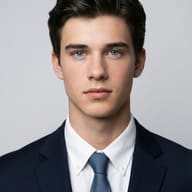 Professional headshot of a young man with blue eyes and dark hair, wearing a navy blue suit, white shirt, and blue tie against a neutral grey background.