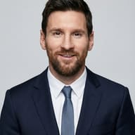 A professional headshot of Lionel Messi wearing a navy blue suit, white shirt, and blue tie, smiling against a neutral grey background.