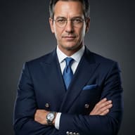 Professional Man in Navy Suit AI Photo Editing Prompt. AI generated studio portrait of a sophisticated man with glasses wearing a navy blue double-breasted suit and silver watch with arms crossed.