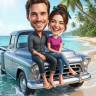 Gemini AI Generated Image: 3D caricature of a smiling couple sitting on a vintage truck at a sunny tropical beach with palm trees and ocean waves. A romantic vacation illustration.