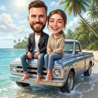 Gemini AI Generated Image: 3D caricature of a smiling couple on a silver truck's hood at a tropical beach. Sunny sky, palm trees, and ocean waves create a vibrant, romantic vacation vibe with a cinematic finish.