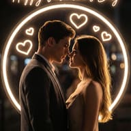 A romantic couple gazes at each other inside a glowing neon circle, surrounded by floating hearts and the text "Happy Valentine's Day."
