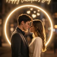 Romantic couple in a glowing golden circle with floating hearts. Neon 'Happy Valentine's Day' text at the top, set against a warm cinematic night city.