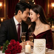A romantic couple shares an intimate moment at a candlelight Valentine's dinner with roses, champagne, and a greeting card. Warm, cinematic lighting.