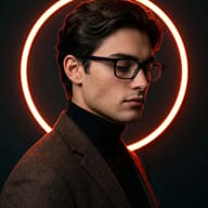 AI generated studio portrait of a serious young man in a brown blazer and turtleneck, illuminated by a glowing orange neon ring against a dark background.