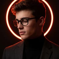 Man with Neon Halo AI Photo Editing Prompt. AI generated studio portrait of a serious young man in glasses, a black turtleneck, and a grey blazer in front of a glowing orange neon circle.