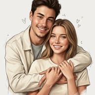 Digital illustration of a smiling young man affectionately hugging a smiling young woman from behind, with small drawn hearts floating around them.