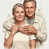 Senior Couple Embrace AI Photo Editing Prompt. AI generated digital illustration of a smiling older man warmly embracing a senior woman from behind, accented with small drawn hearts.