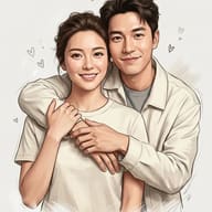 A digital illustration of a smiling young couple embracing, with small hand-drawn hearts floating around them.