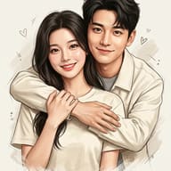 Smiling Couple Sketch Art Prompt. AI generated illustrated portrait of a smiling man hugging a smiling woman from behind against a light, sketch-style background.