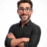 3D Smiling Man Avatar AI Prompt. AI generated 3D digital illustration of a smiling man with a beard and glasses wearing a black shirt with arms crossed against a white background.
