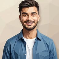 Smiling Man in Low-Poly Style AI Prompt. AI generated geometric digital portrait of a young man with a wide smile, wearing a faceted blue denim button-down shirt and white t-shirt.