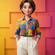 Cartoon Woman in Patchwork Shirt AI Photo Editing Prompt. AI generated digital character portrait of a woman in a colorful patchwork shirt and white pants.