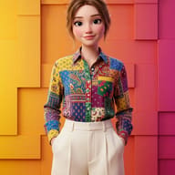 Pixar-style 3D character portrait of a young woman in a trendy patterned button-down shirt and cream-colored high-waisted pants, high-fidelity digital art against a colorful 3D block background.