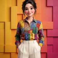 A 3D Pixar-style caricature of a woman in a colorful patchwork shirt and white trousers standing against a multi-colored block wall.