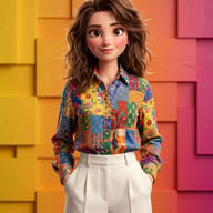 Woman with Wavy Hair in Patchwork Shirt AI Photo Editing Prompt. AI generated 3D digital illustration of a smiling woman with wavy brown hair wearing a vibrant patchwork shirt and white pants against a multi-colored paneled background.