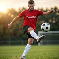 Soccer Player in Red Jersey AI Photo Editing Prompt. AI generated realistic digital illustration of a bearded man in a red jersey kicking a soccer ball on a grassy field at sunset.