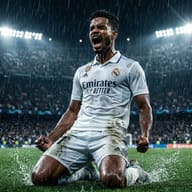 Real Madrid player in an intense knee slide celebration during heavy rain. Splashing water, muddy kit, and glowing stadium lights create a cinematic night scene.