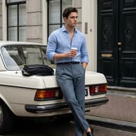 Stylish Man on Vintage Car AI Photo Editing Prompt. AI generated outdoor portrait of a young man in a blue linen shirt and grey trousers leaning against a white vintage Mercedes-Benz car, holding a coffee cup, on a cobbled street.