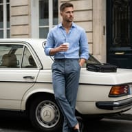 AI generated fashion portrait of a stylish man in a blue shirt leaning against a white classic car holding a coffee cup.