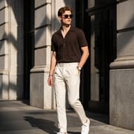 Old Money Style Photo Editing Prompt. AI generated street fashion portrait of a young man wearing a short-sleeved brown shirt, cream pleated trousers, and sunglasses walking beside a classic stone building.