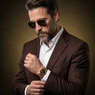 AI generated digital studio portrait of a bearded man wearing sunglasses and a gold watch, adjusting his cuff.