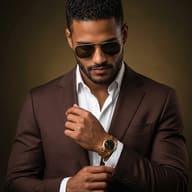 Stylish Man in Brown Suit AI Photo Editing Prompt. AI generated studio portrait of a bearded man wearing aviator sunglasses and a brown suit while adjusting his cufflink.