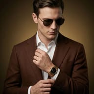 Man Professional Photography Prompt. AI generated studio portrait of a man in a brown suit jacket, white shirt, and aviator sunglasses, adjusting his gold wristwatch against a gradient brown background.