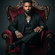 Mafia Boss AI Photo Editing Prompt. AI generated studio portrait of a tattooed man in a black suit and gold jewelry sitting confidently on an ornate red velvet throne.