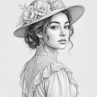 AI generated pencil sketch portrait illustration of an elegant woman wearing a rose-adorned hat and Victorian-style lace dress.