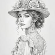 Vintage Woman with Rose Hat AI Photo Editing Prompt. AI generated pencil sketch portrait illustration of an elegant woman wearing a rose-adorned hat and Victorian-style lace dress.